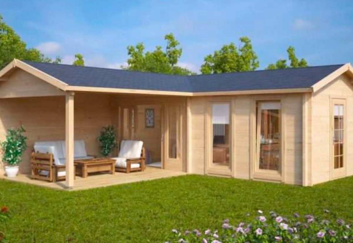 Chalet de madera en L con porche